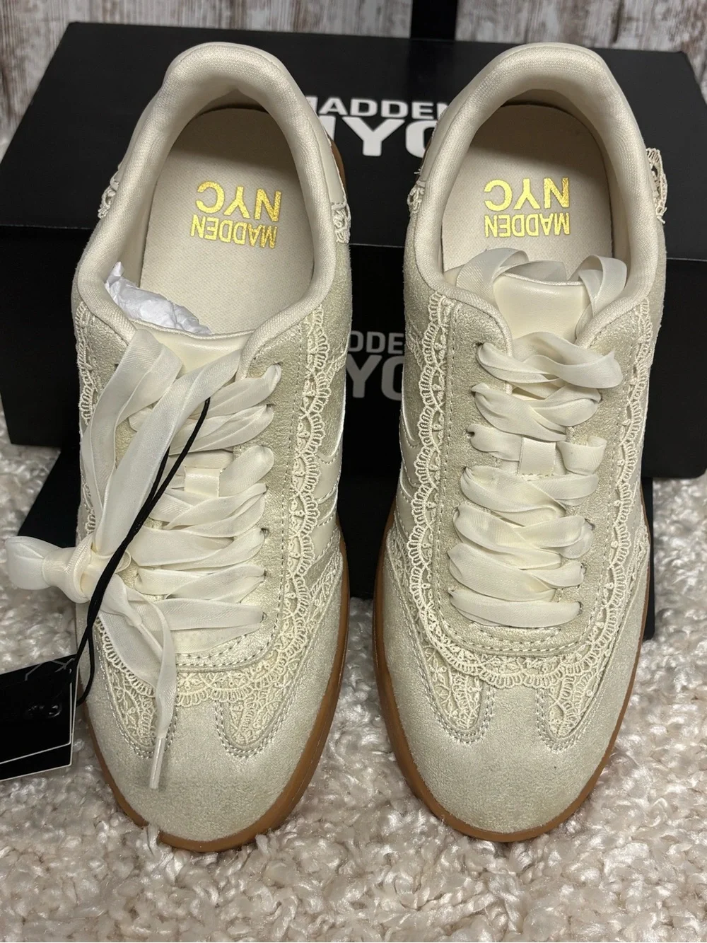 Madden NYC Women’s Cream Lace-Trim Sneaker with Gum Sole